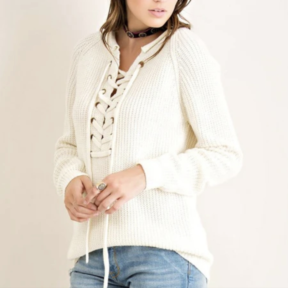 Entro Natural All Tied Up Lace Up Neck Cozy Ribbed Knit Sweater Size Small